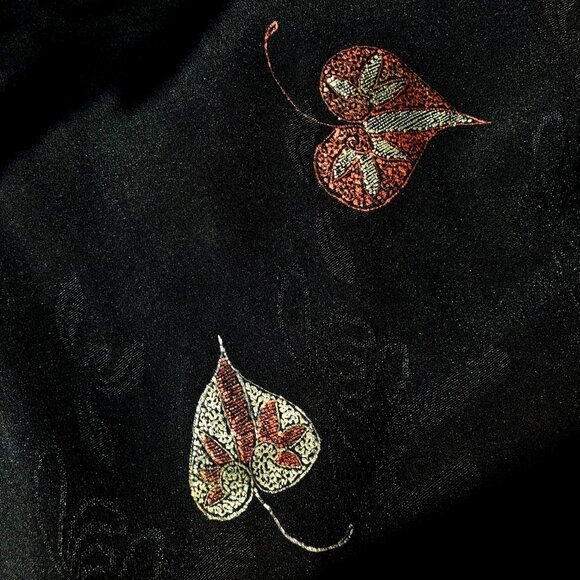 Vintage Japanese Black Silk Kimono Haori Hand Painted Metallic Leaves Red Lining - Picture 12 of 13
